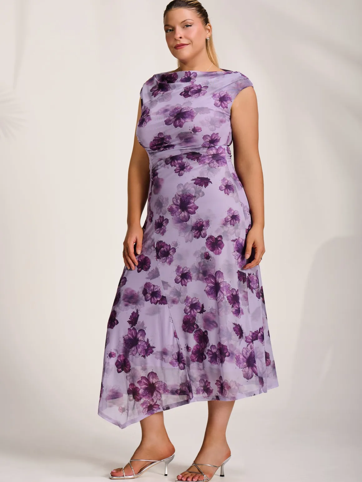 Asymmetric Draped Mesh Midaxi Dress, Purple Floral