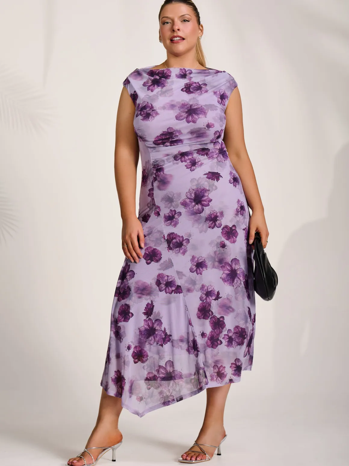 Asymmetric Draped Mesh Midaxi Dress, Purple Floral