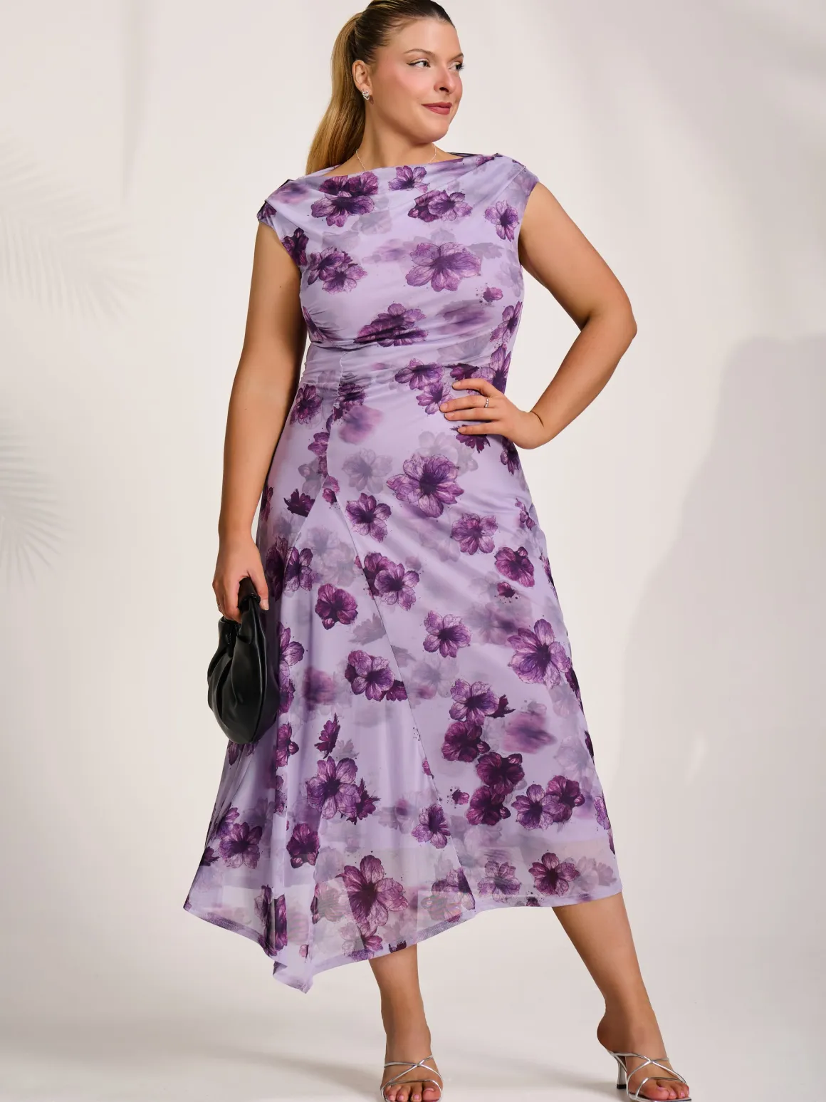 Asymmetric Draped Mesh Midaxi Dress, Purple Floral