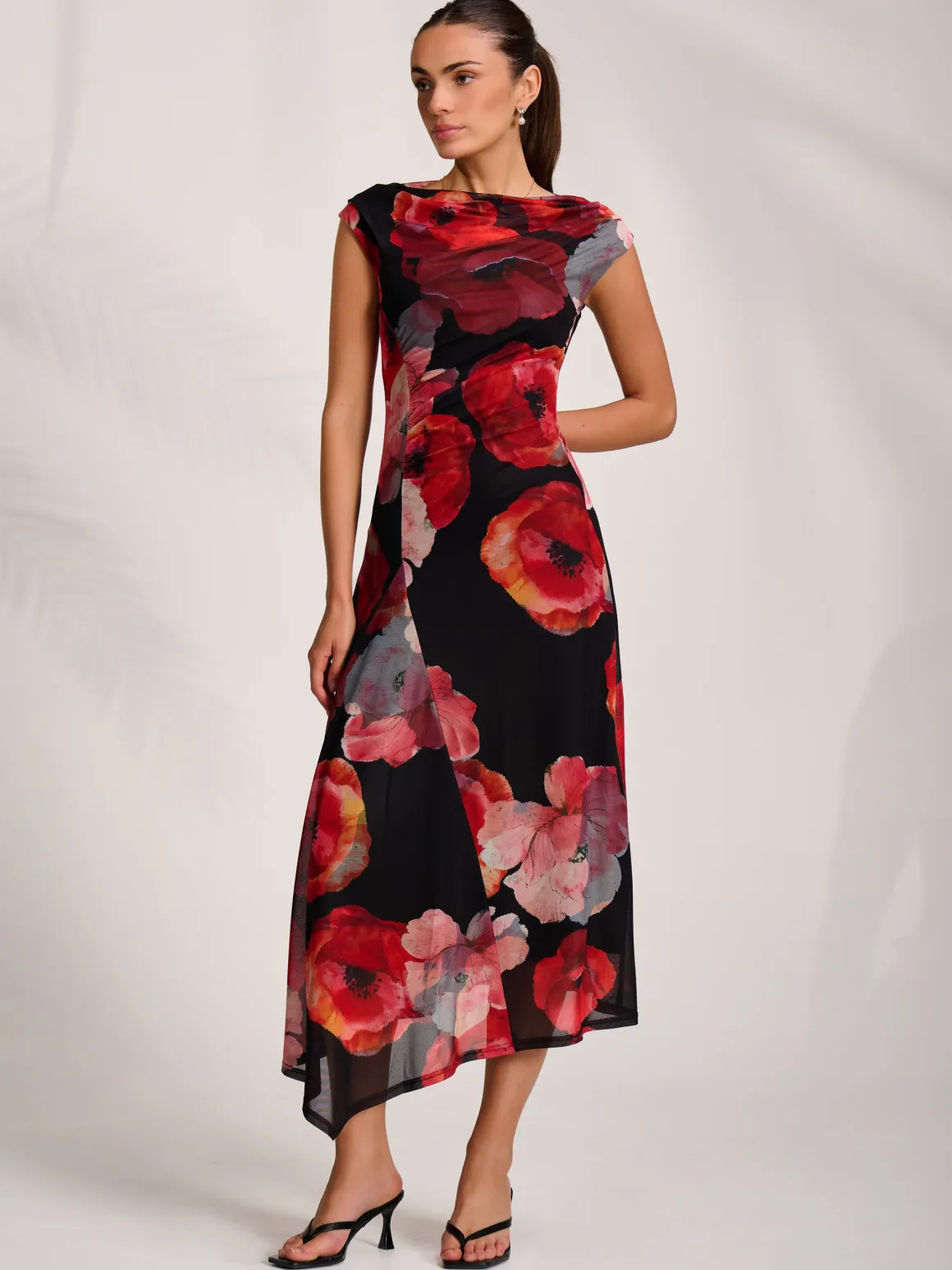 Asymmetric Draped Mesh Midaxi Dress, Red Floral