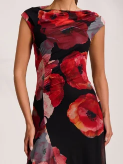 Asymmetric Draped Mesh Midaxi Dress, Red Floral