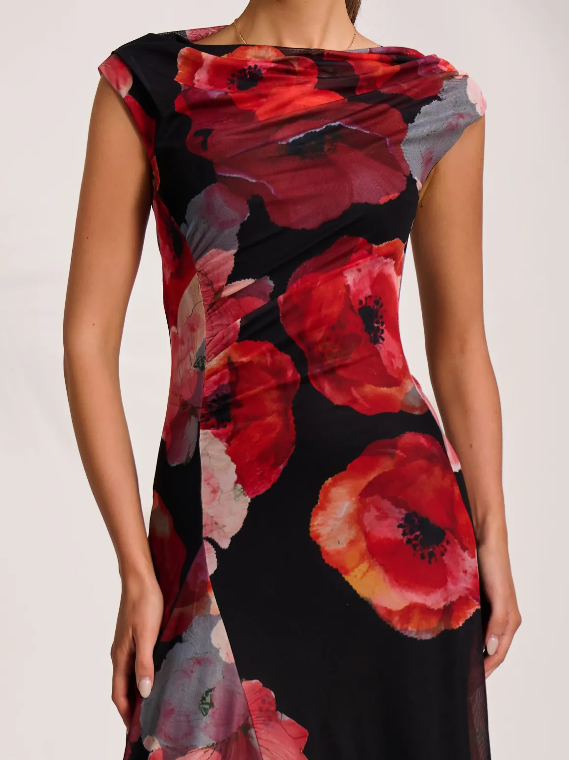 Asymmetric Draped Mesh Midaxi Dress, Red Floral