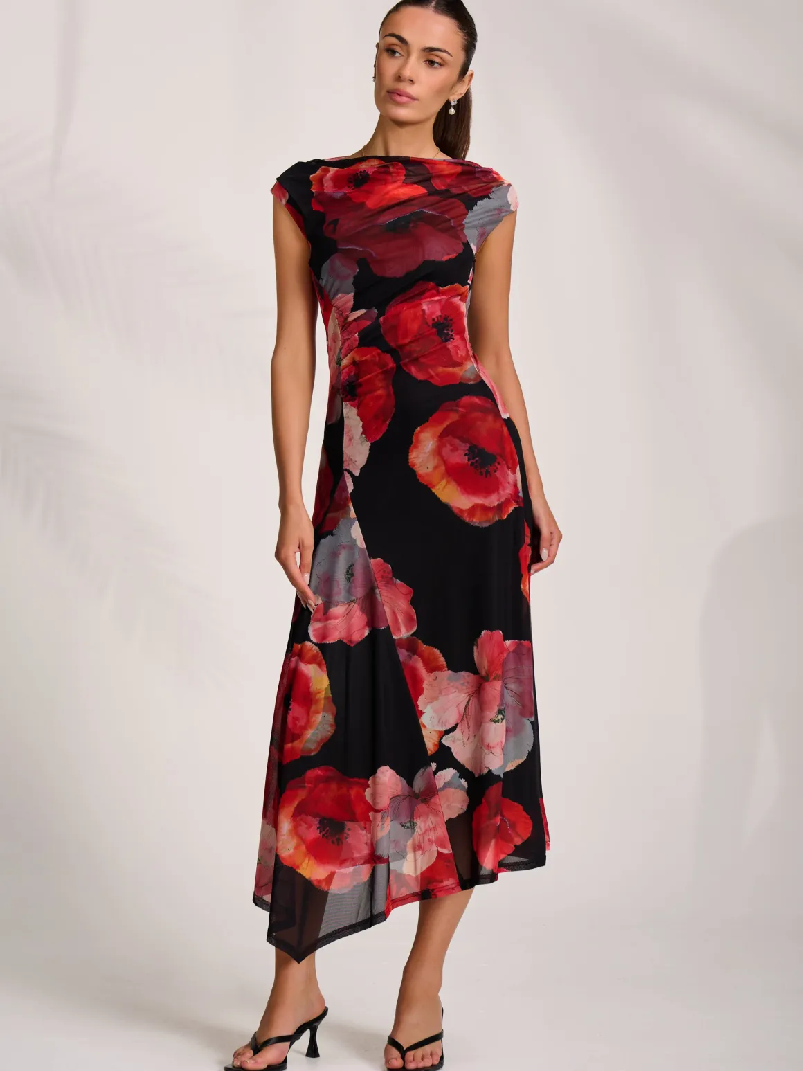 Asymmetric Draped Mesh Midaxi Dress, Red Floral