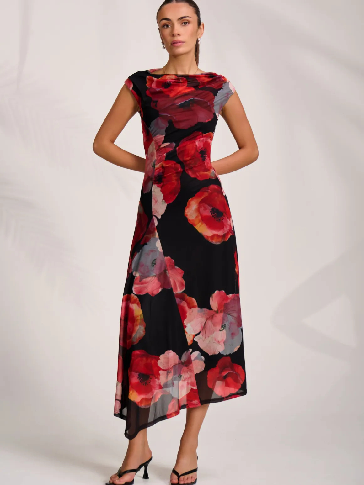 Asymmetric Draped Mesh Midaxi Dress, Red Floral