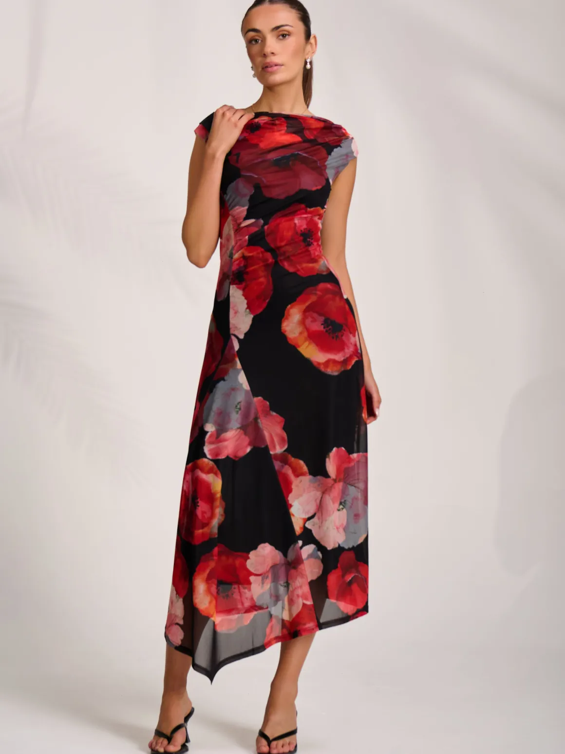 Asymmetric Draped Mesh Midaxi Dress, Red Floral
