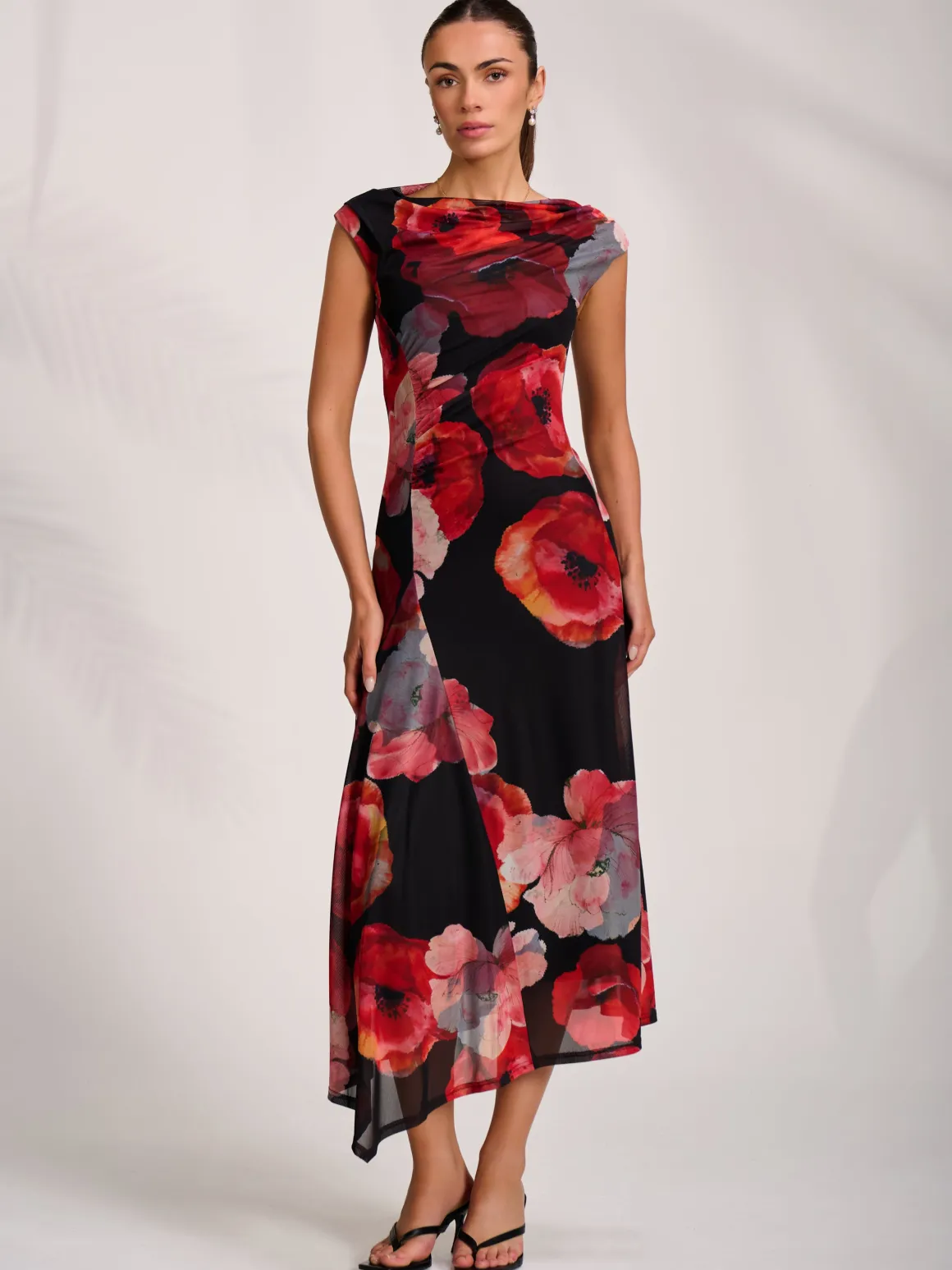 Asymmetric Draped Mesh Midaxi Dress, Red Floral