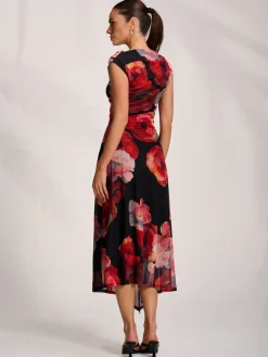 Asymmetric Draped Mesh Midaxi Dress, Red Floral