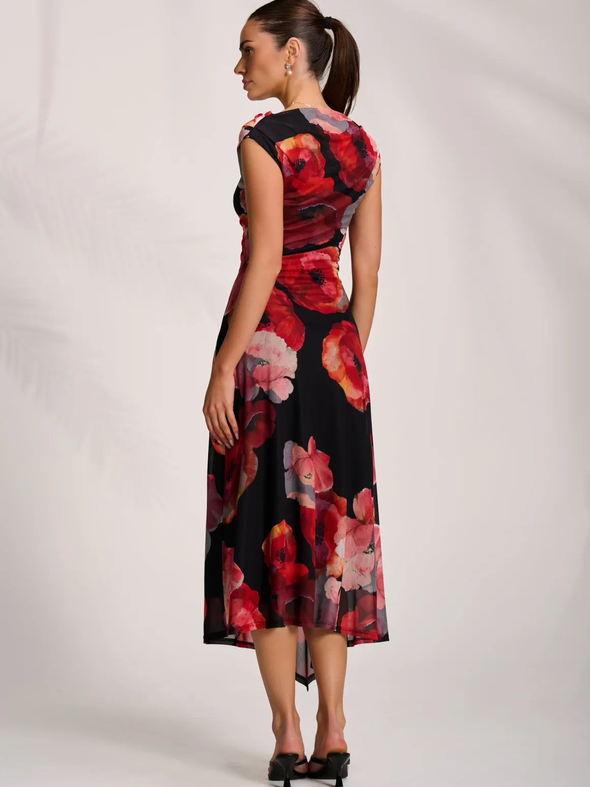 Asymmetric Draped Mesh Midaxi Dress, Red Floral