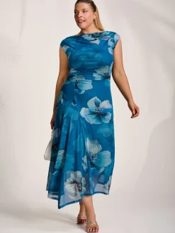 Asymmetric Draped Mesh Midaxi Dress, Teal Floral