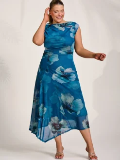 Asymmetric Draped Mesh Midaxi Dress, Teal Floral