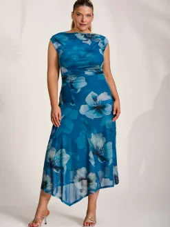 Asymmetric Draped Mesh Midaxi Dress, Teal Floral