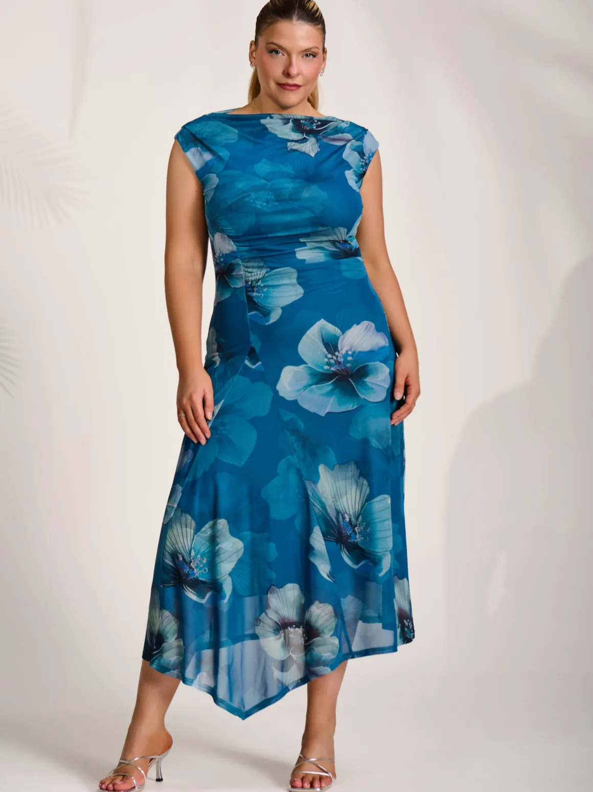 Asymmetric Draped Mesh Midaxi Dress, Teal Floral