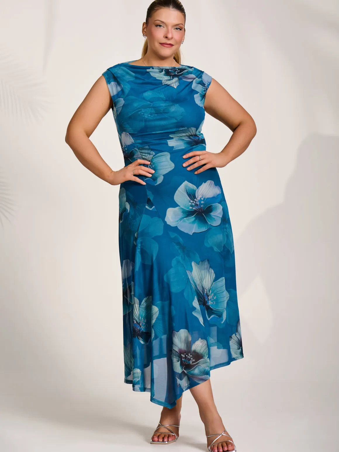 Asymmetric Draped Mesh Midaxi Dress, Teal Floral