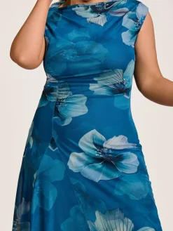 Asymmetric Draped Mesh Midaxi Dress, Teal Floral