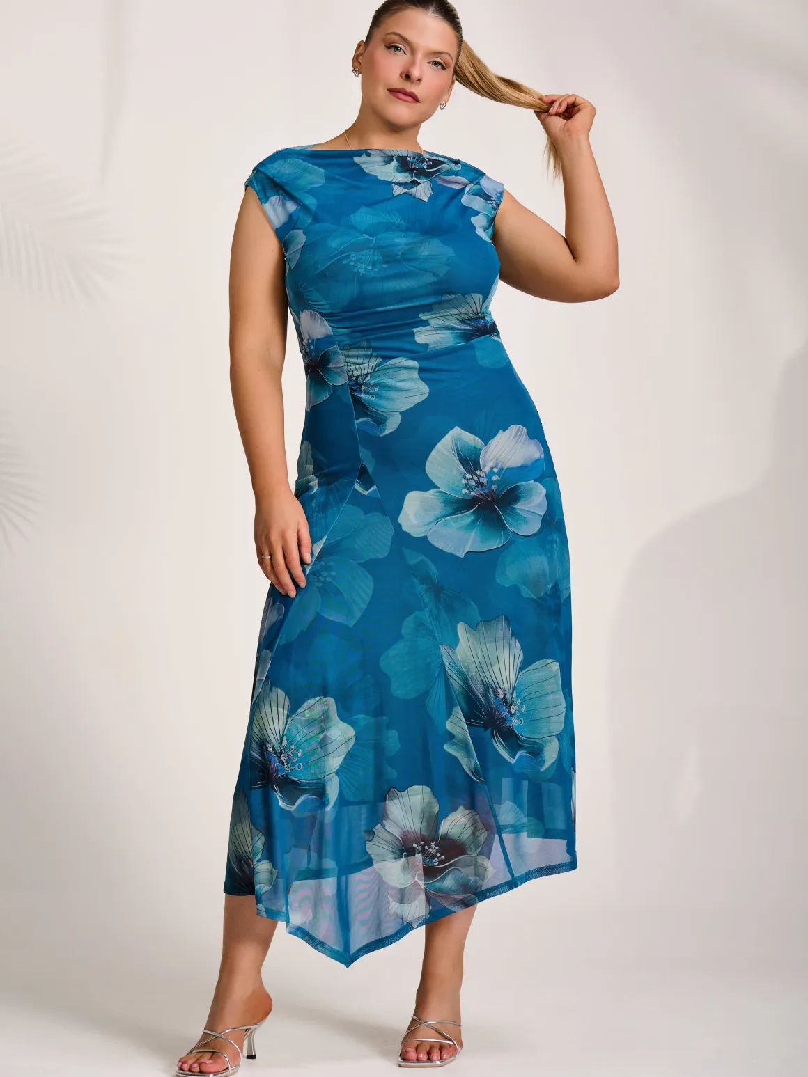 Asymmetric Draped Mesh Midaxi Dress, Teal Floral