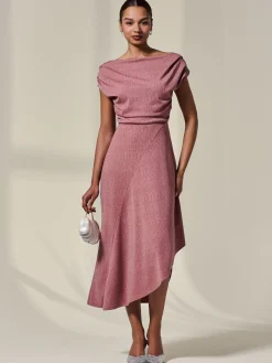 Asymmetric Draped Midi Dress, Rosewood