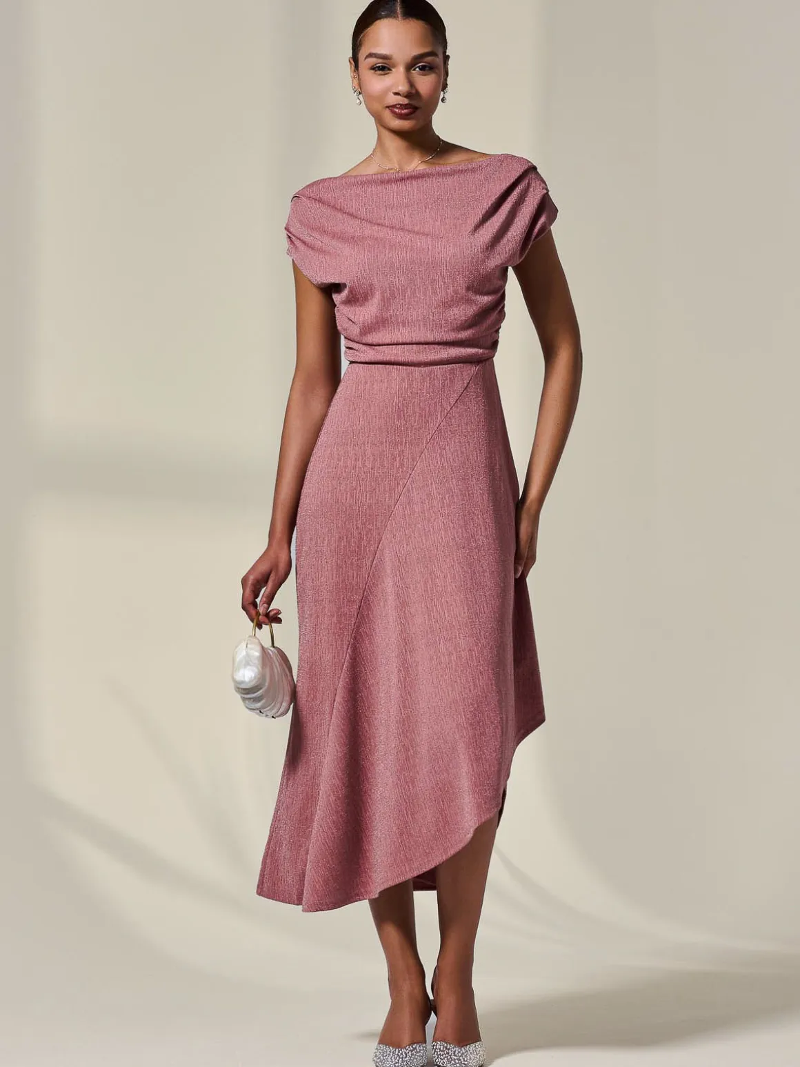 Asymmetric Draped Midi Dress, Rosewood