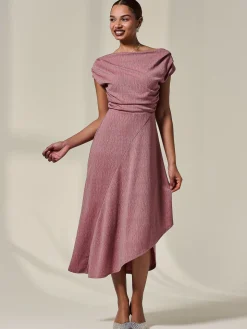 Asymmetric Draped Midi Dress, Rosewood