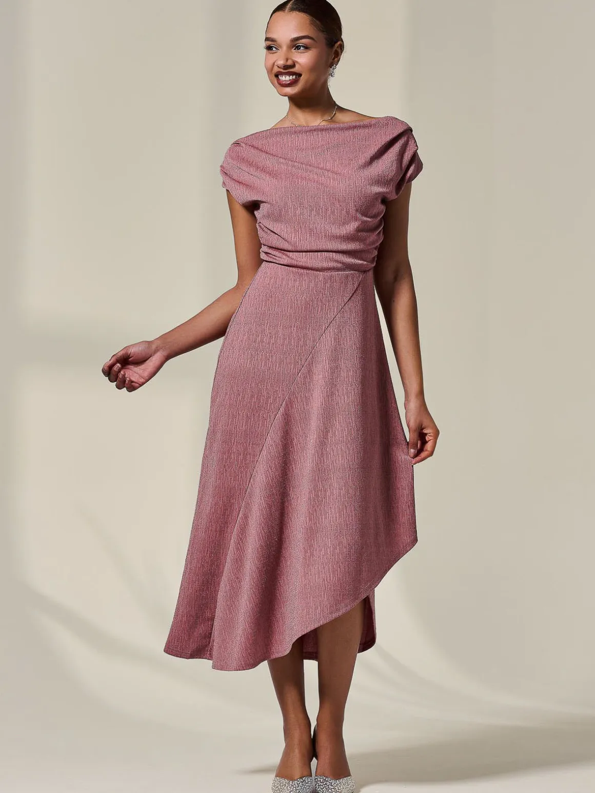 Asymmetric Draped Midi Dress, Rosewood