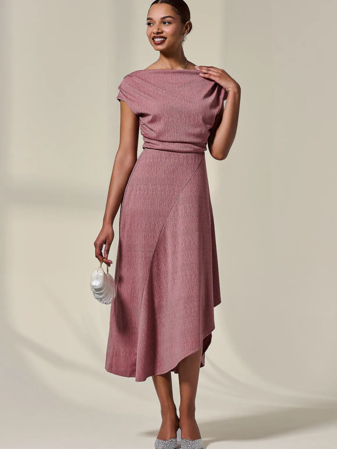 Asymmetric Draped Midi Dress, Rosewood