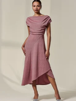 Asymmetric Draped Midi Dress, Rosewood