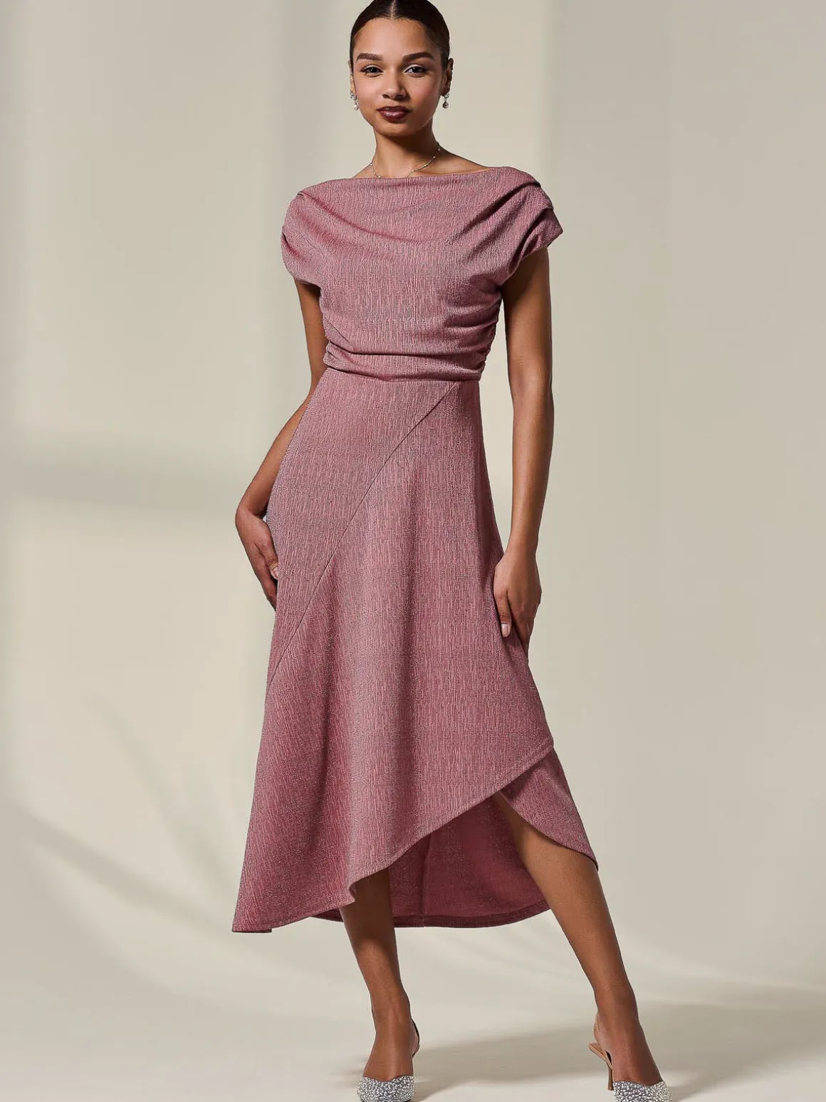 Asymmetric Draped Midi Dress, Rosewood