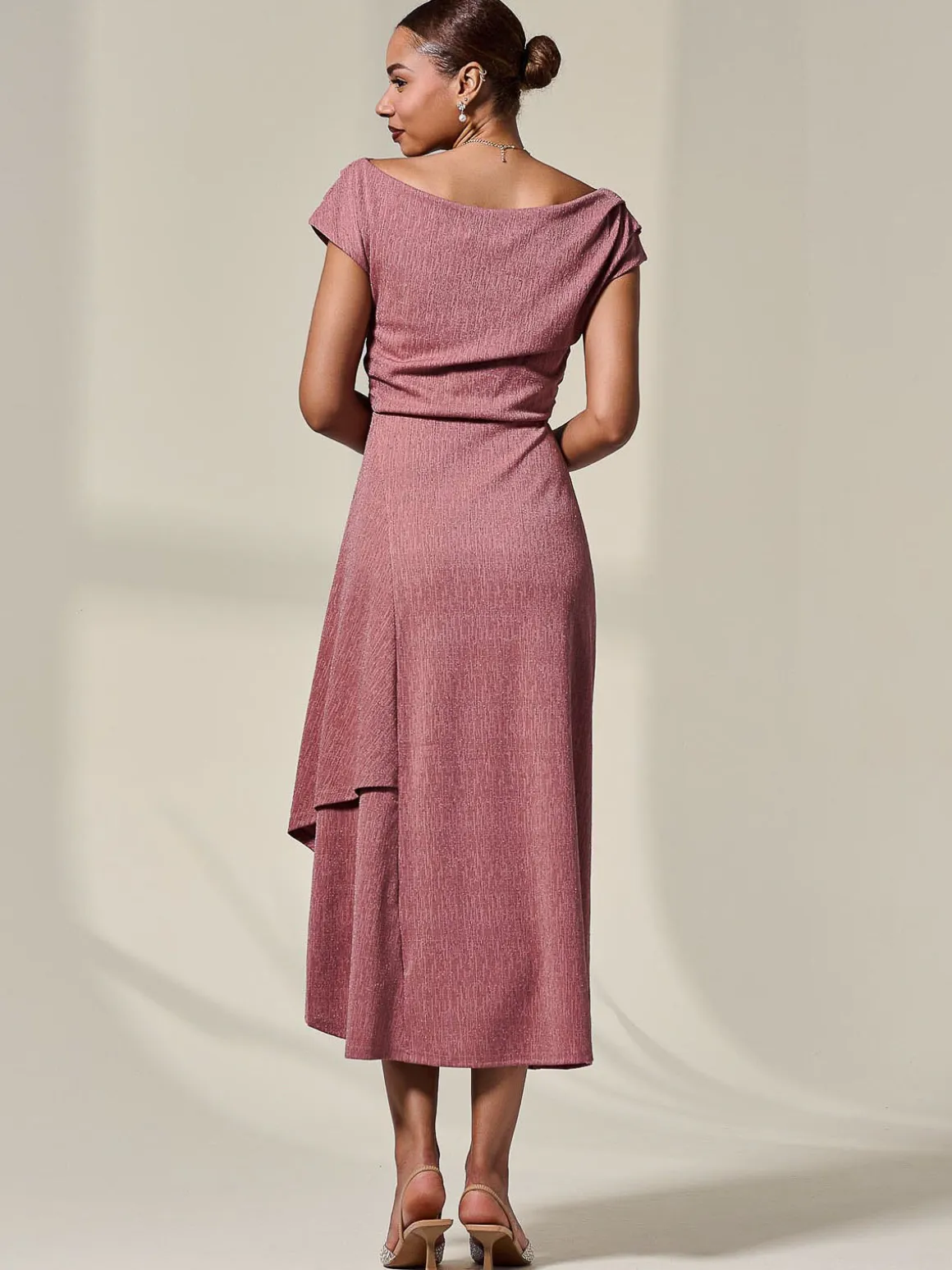 Asymmetric Draped Midi Dress, Rosewood