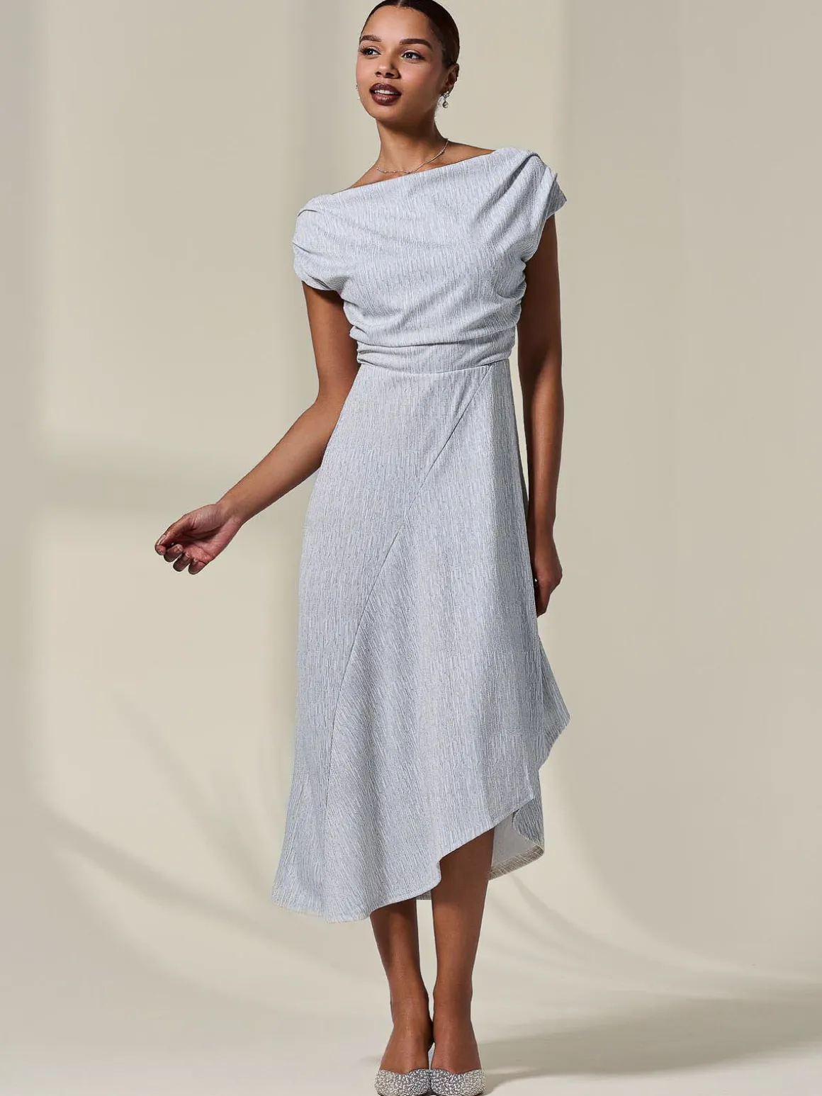 Asymmetric Draped Midi Dress, White