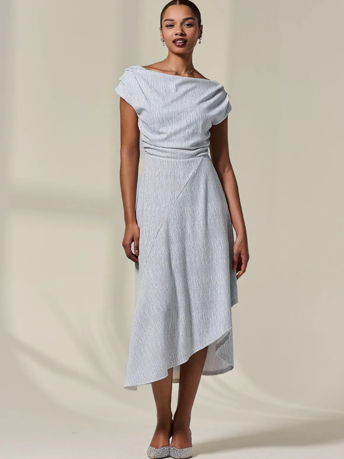 Asymmetric Draped Midi Dress, White
