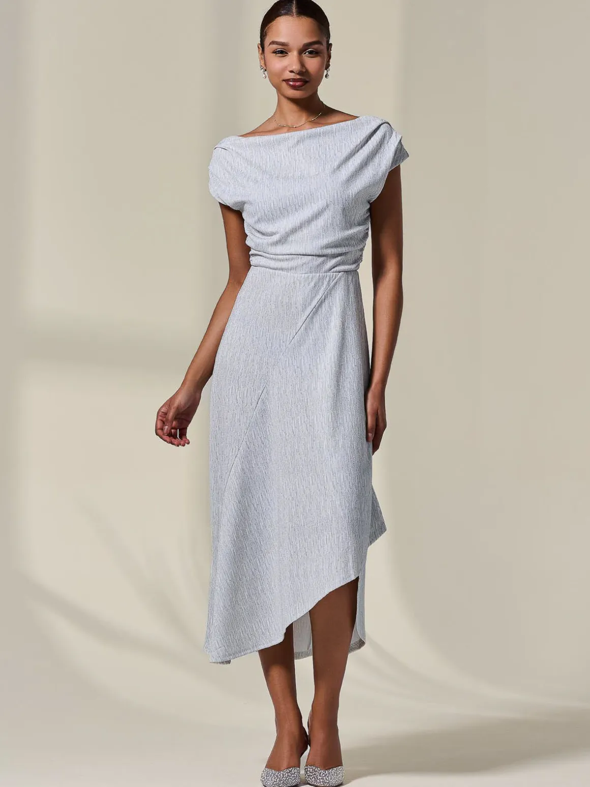Asymmetric Draped Midi Dress, White
