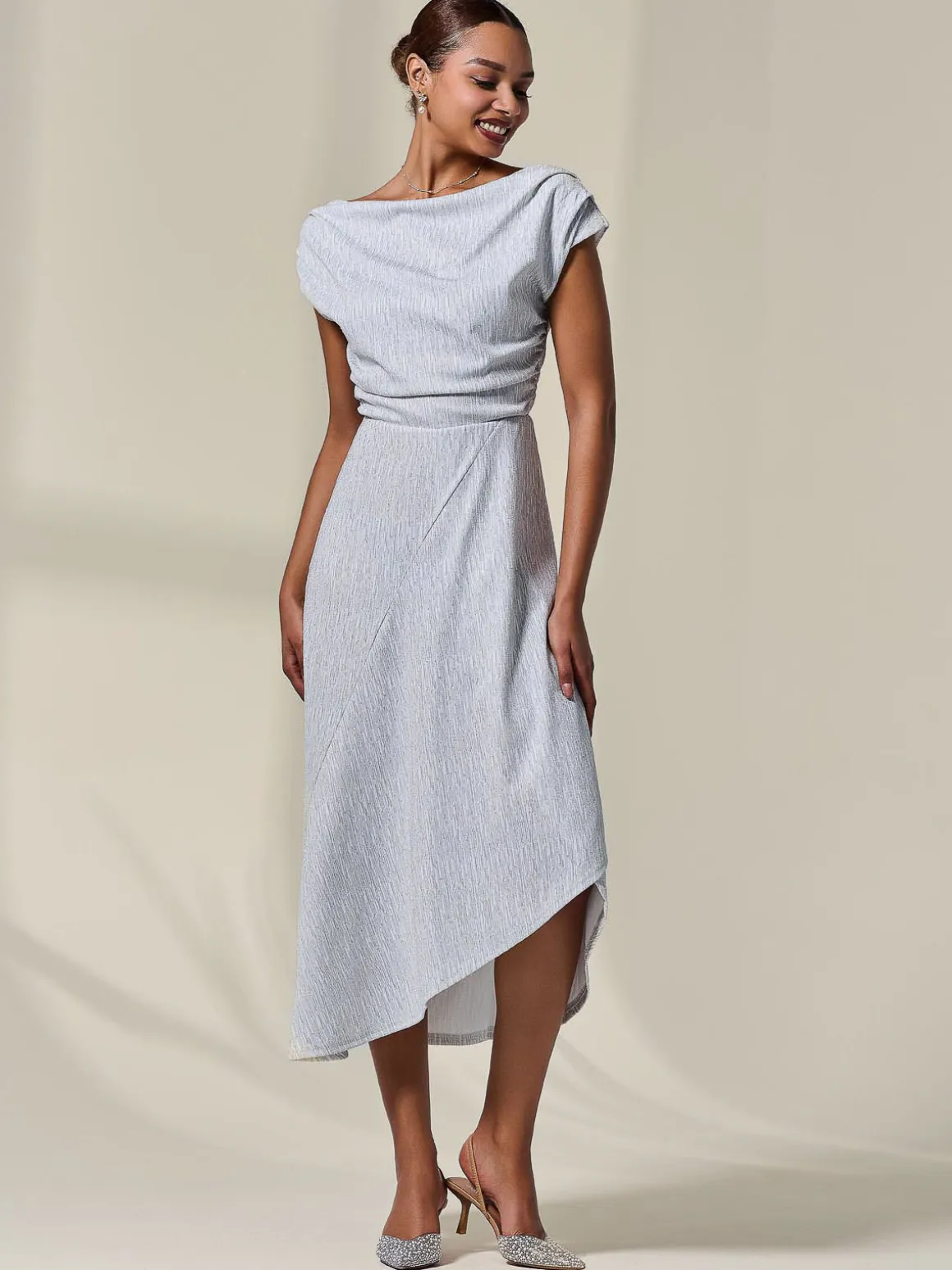 Asymmetric Draped Midi Dress, White