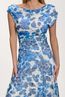 Asymmetric Draped Print Lace Maxi Dress, Blue Floral