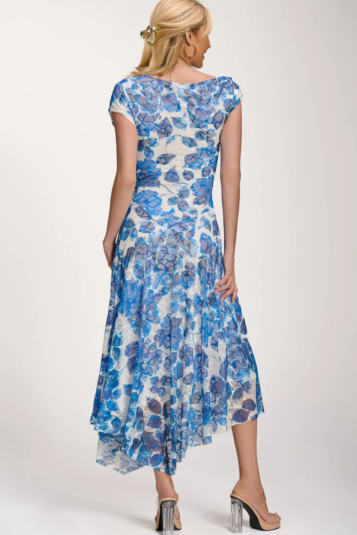 Asymmetric Draped Print Lace Maxi Dress, Blue Floral