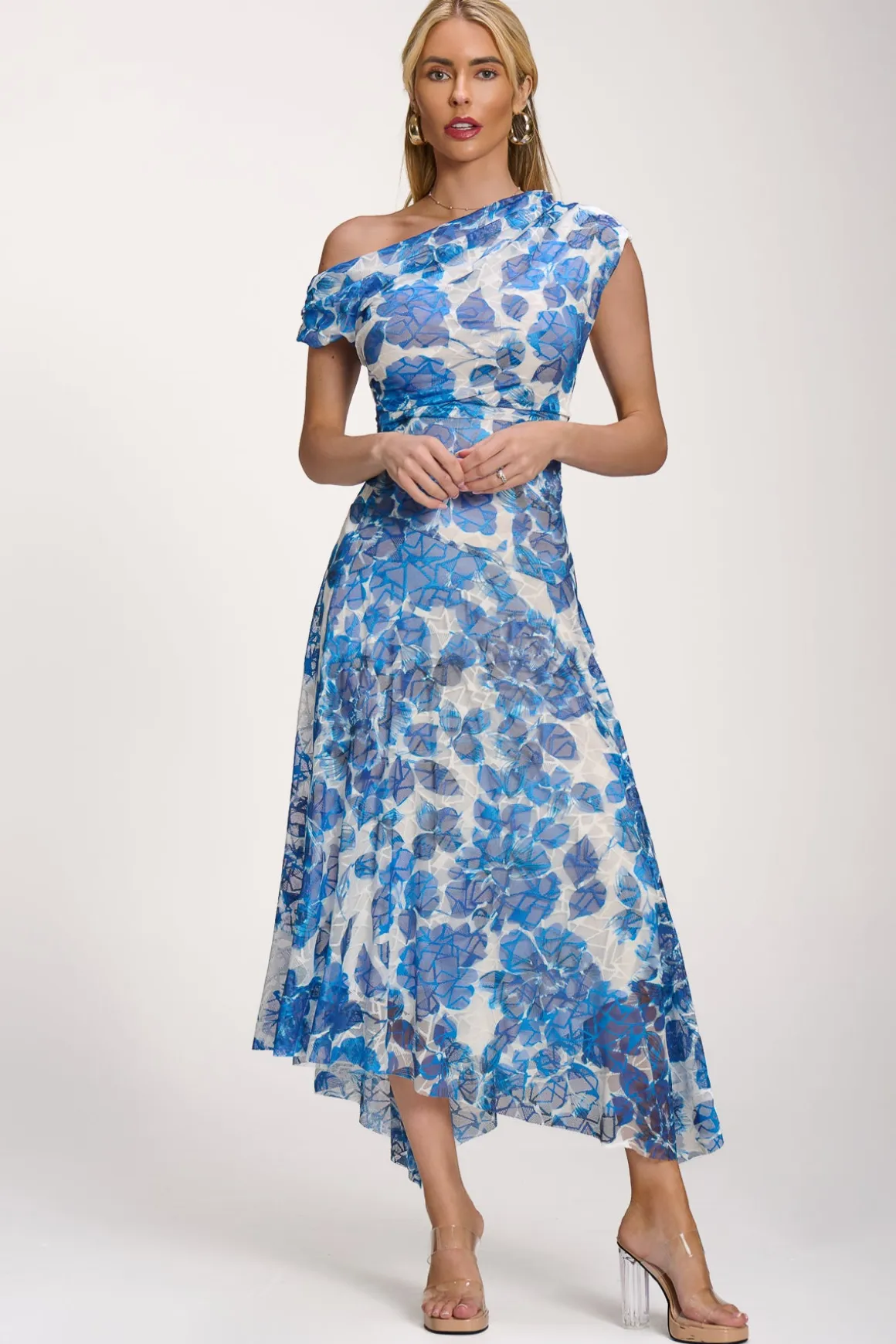 Asymmetric Draped Print Lace Maxi Dress, Blue Floral