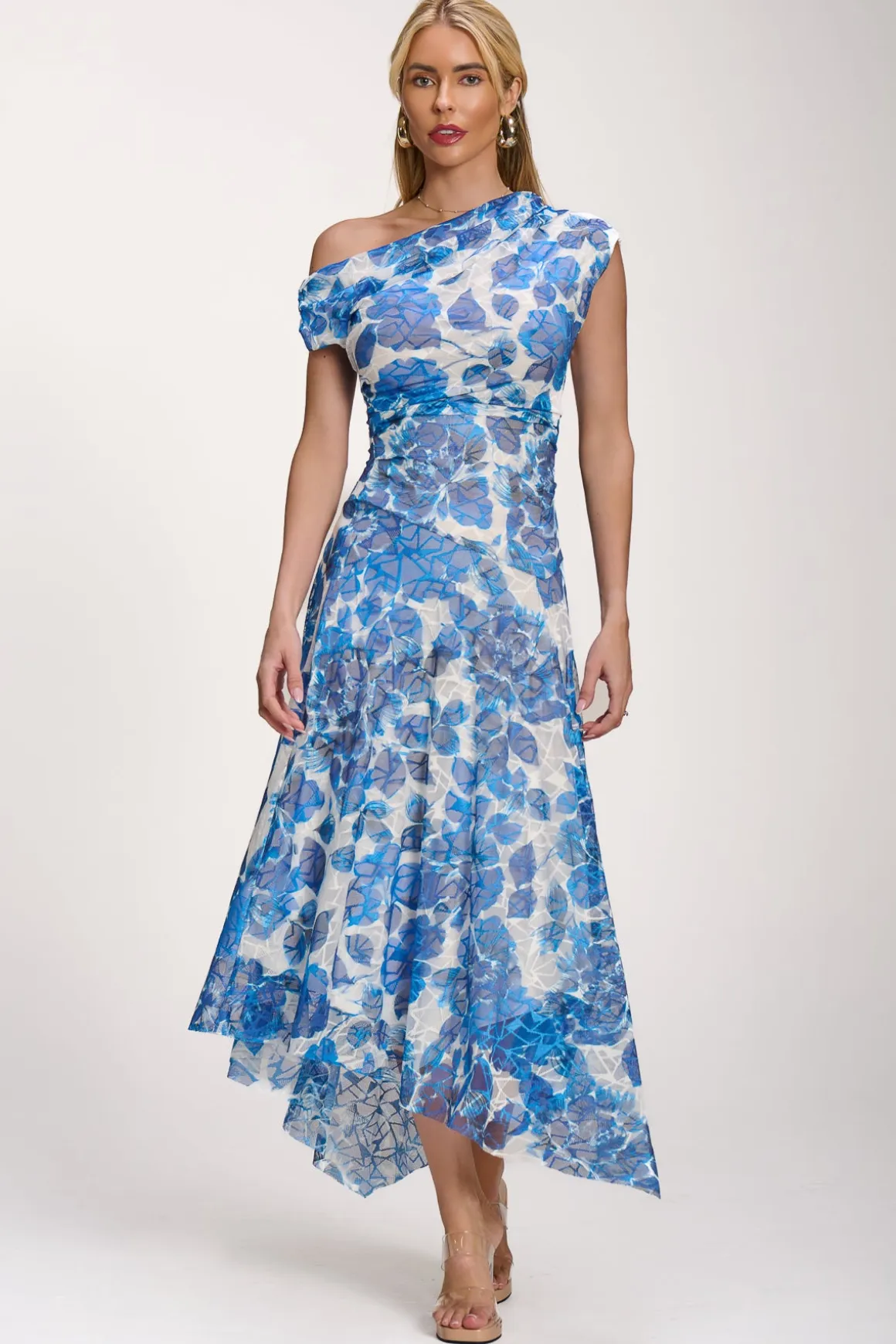 Asymmetric Draped Print Lace Maxi Dress, Blue Floral
