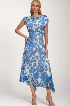 Asymmetric Draped Print Lace Maxi Dress, Blue Floral