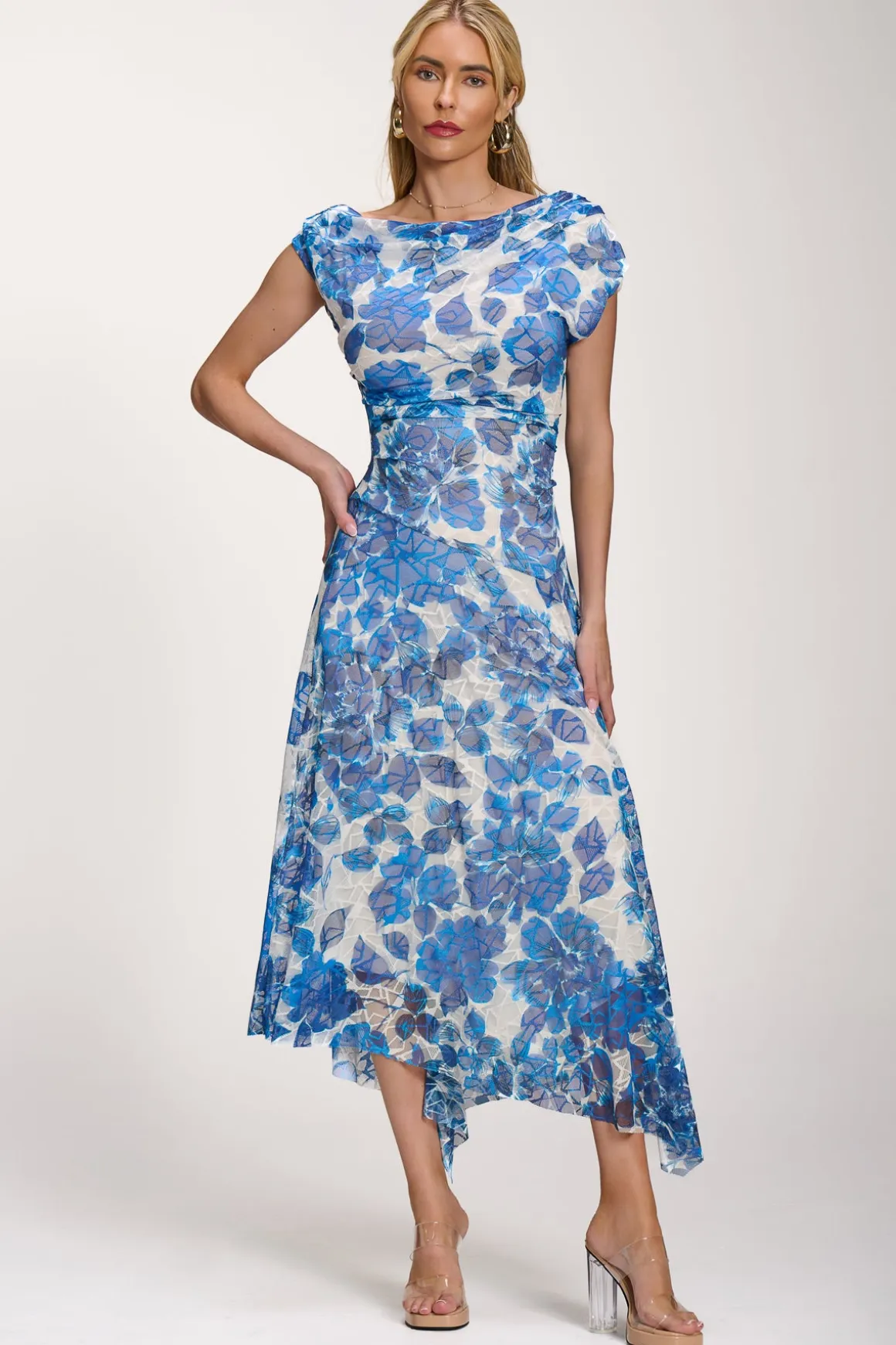 Asymmetric Draped Print Lace Maxi Dress, Blue Floral