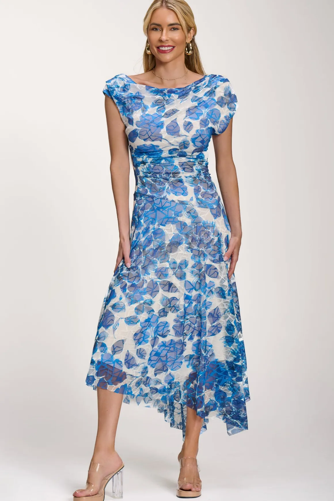 Asymmetric Draped Print Lace Maxi Dress, Blue Floral