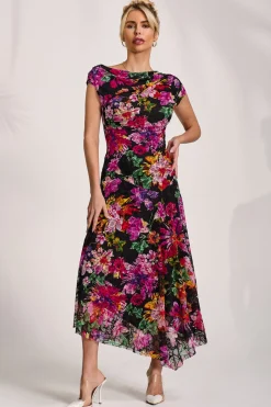 Asymmetric Draped Print Lace Maxi Dress, Floral Multi