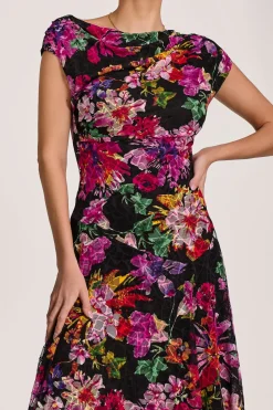 Asymmetric Draped Print Lace Maxi Dress, Floral Multi