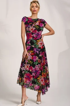 Asymmetric Draped Print Lace Maxi Dress, Floral Multi