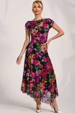 Asymmetric Draped Print Lace Maxi Dress, Floral Multi