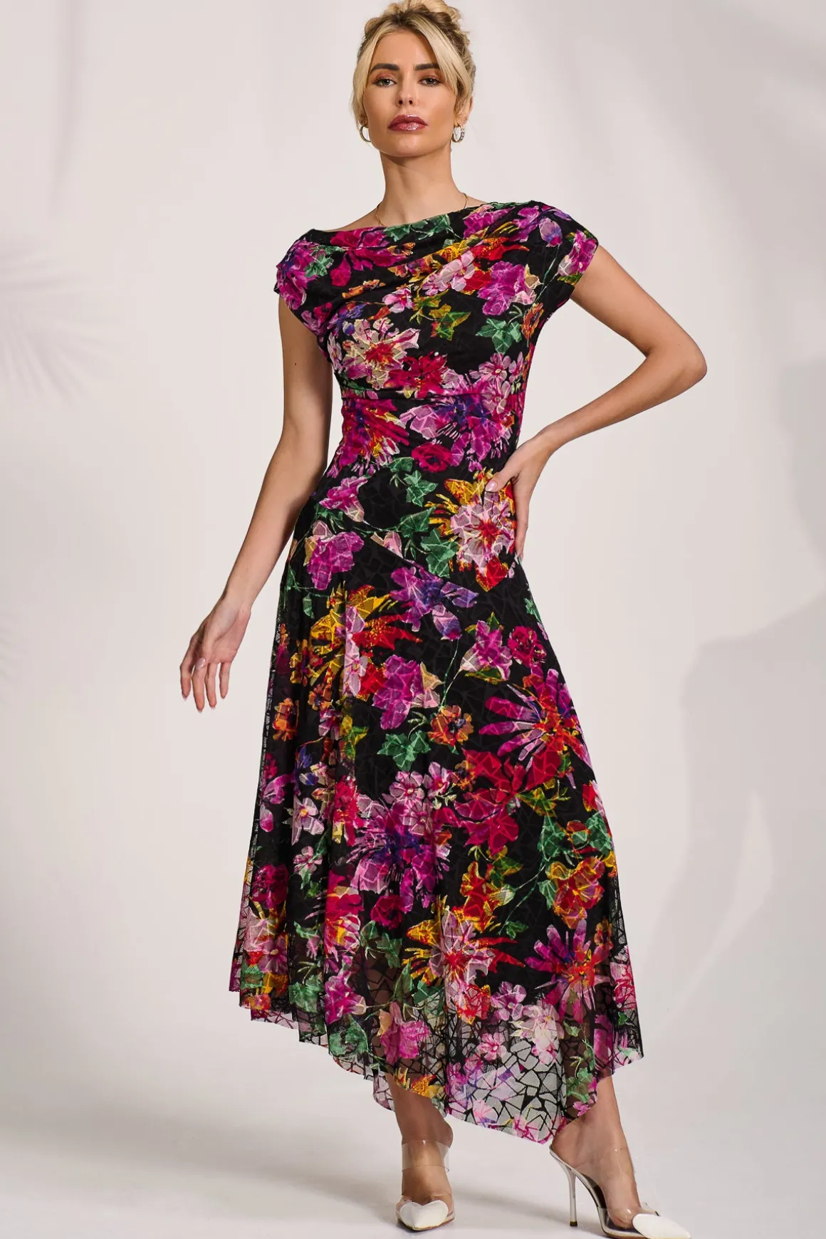 Asymmetric Draped Print Lace Maxi Dress, Floral Multi