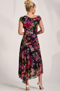 Asymmetric Draped Print Lace Maxi Dress, Floral Multi
