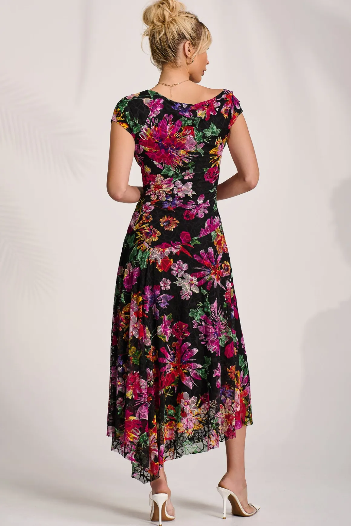 Asymmetric Draped Print Lace Maxi Dress, Floral Multi