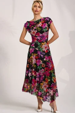 Asymmetric Draped Print Lace Maxi Dress, Floral Multi