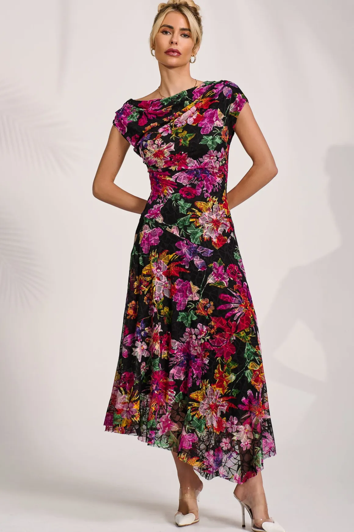 Asymmetric Draped Print Lace Maxi Dress, Floral Multi