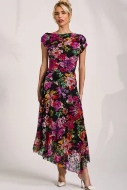 Asymmetric Draped Print Lace Maxi Dress, Floral Multi