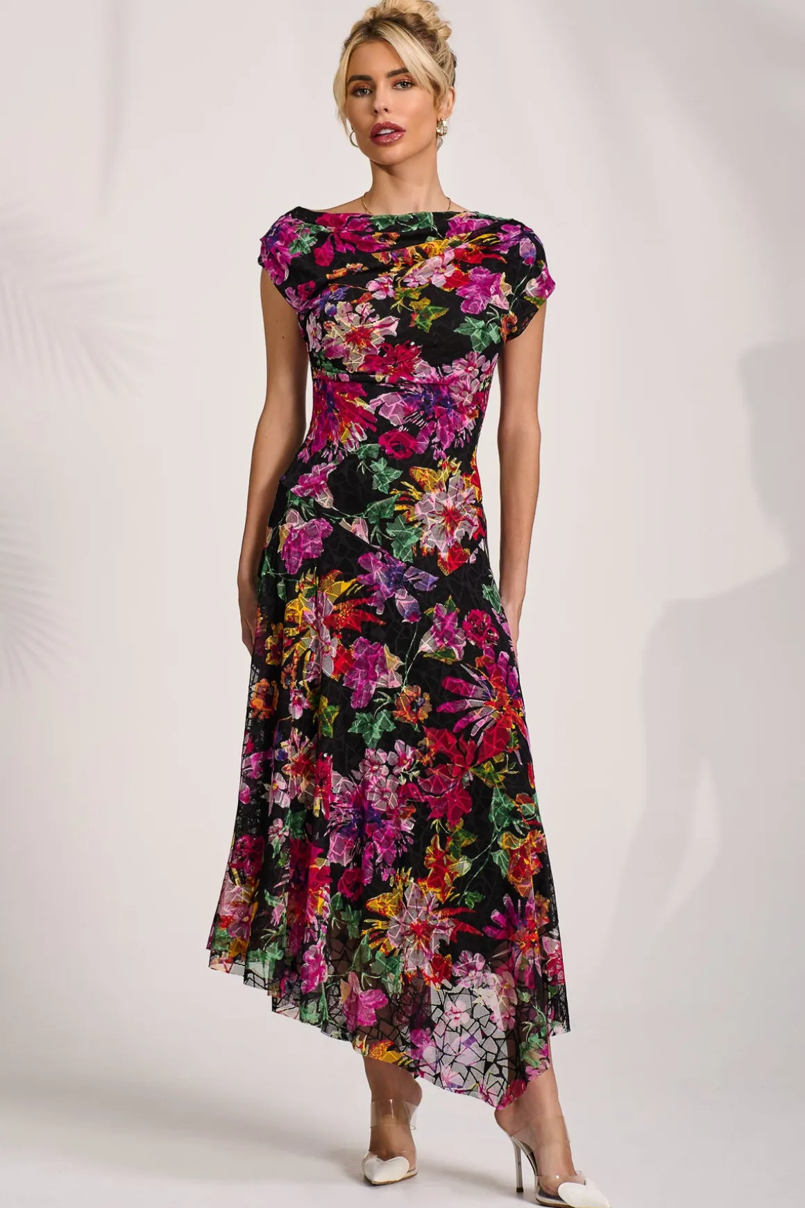 Asymmetric Draped Print Lace Maxi Dress, Floral Multi