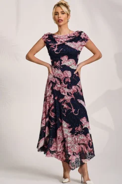Asymmetric Draped Print Lace Maxi Dress, Pink Abstract